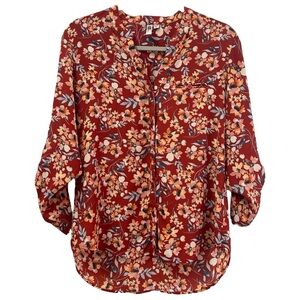 Kut From The Kloth Women’s Rust Floral Long Roll Tab‎ Sleeve Blouse Sz SP